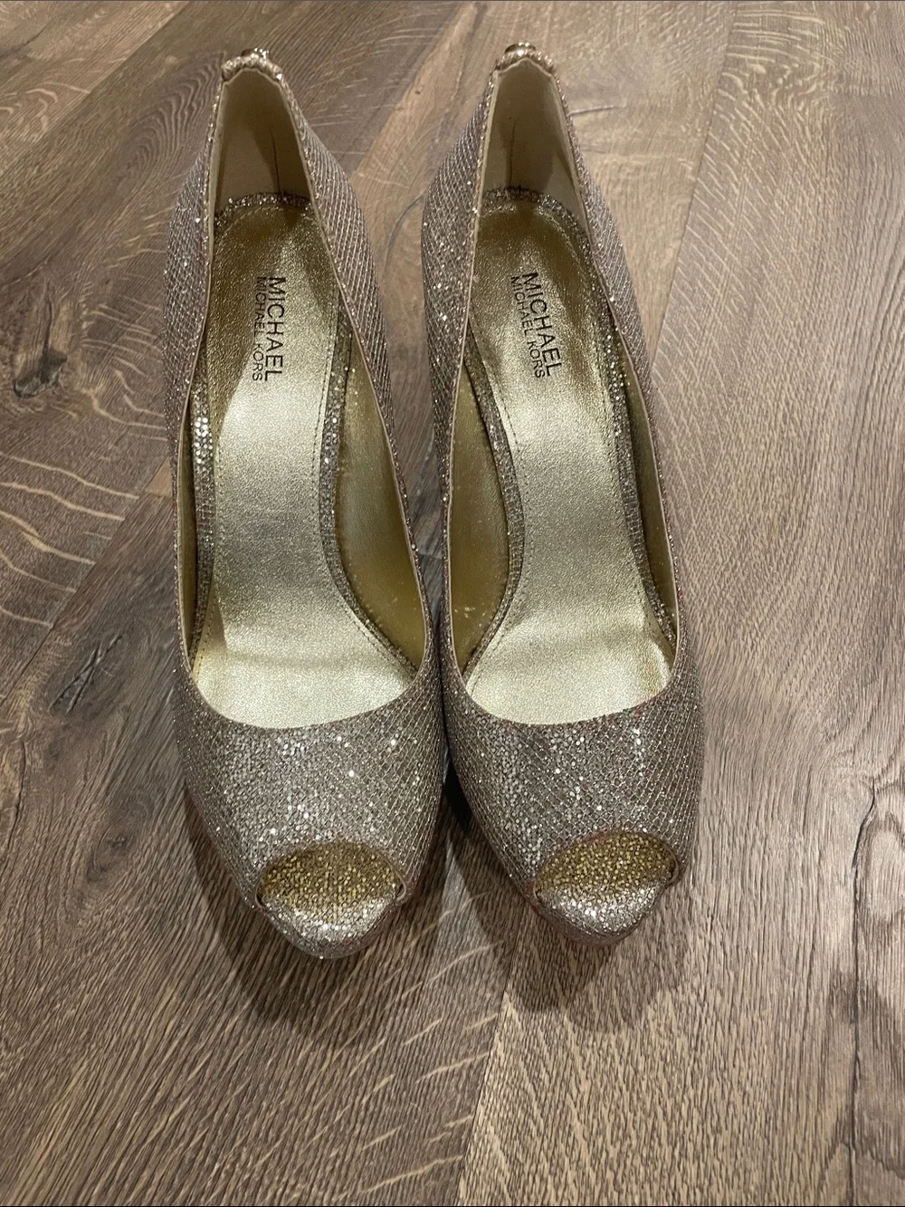 Michael Kors Women’s Glitter Peep-Toe Pumps in Metallic Rose
